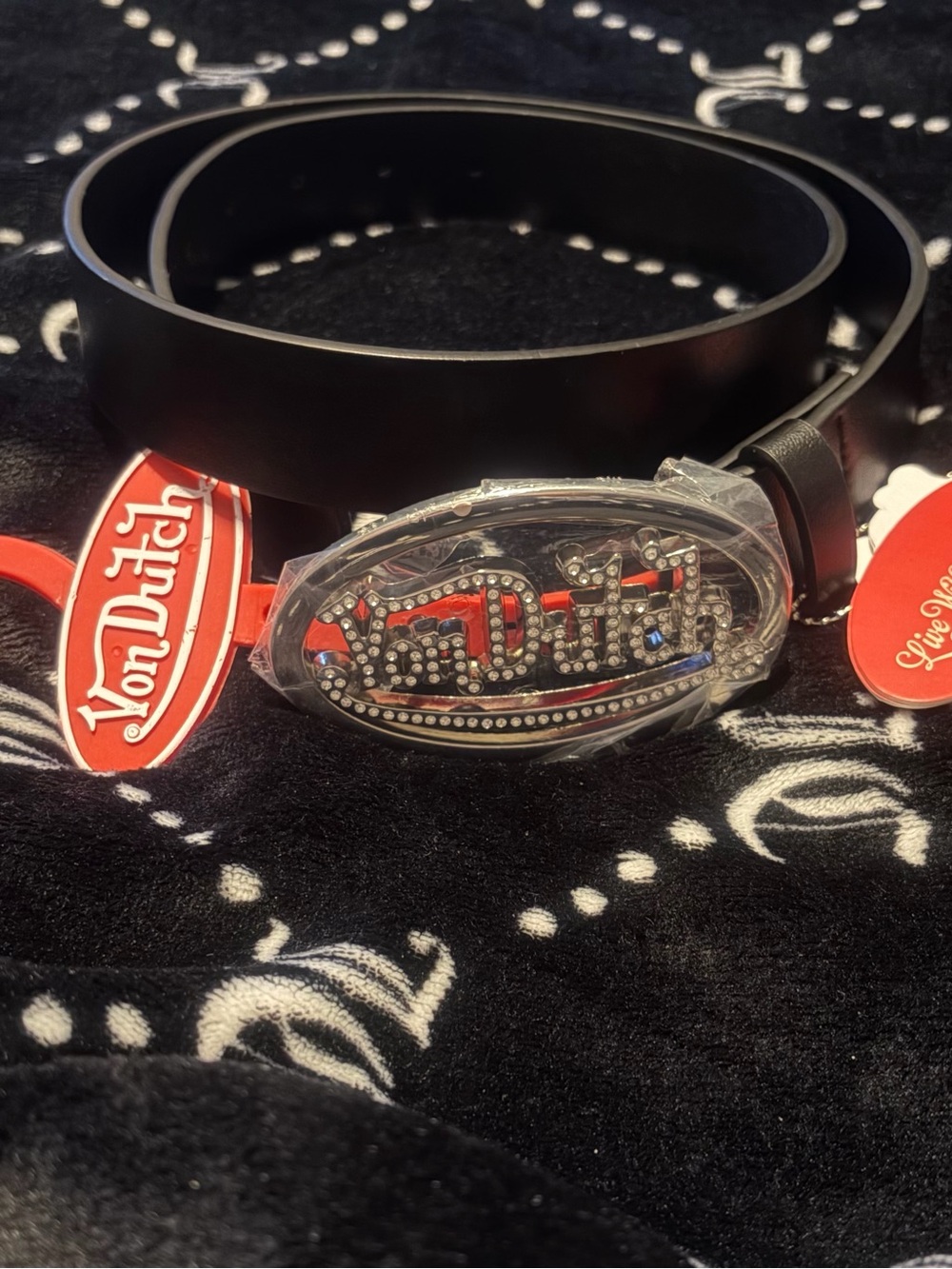 Von Dutch Black Belt with Rhinestone Logo Buckle